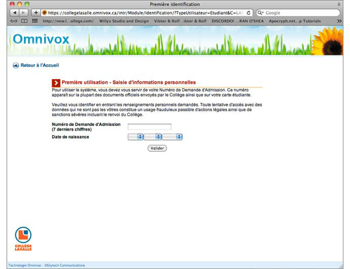 Screenshot of a college's Omnivox portal registration page, prompting for admission number and birthdate.