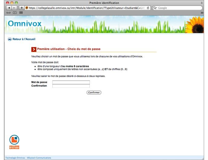 Page de configuration de mot de passe Omnivox