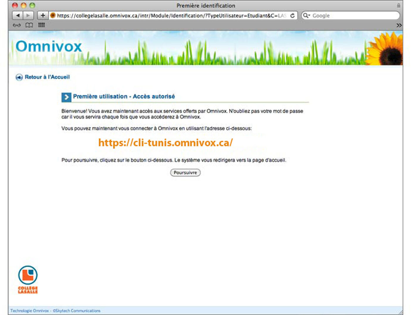 A screenshot displaying the welcome message and login URL for the Omnivox services portal of Collège LaSalle.