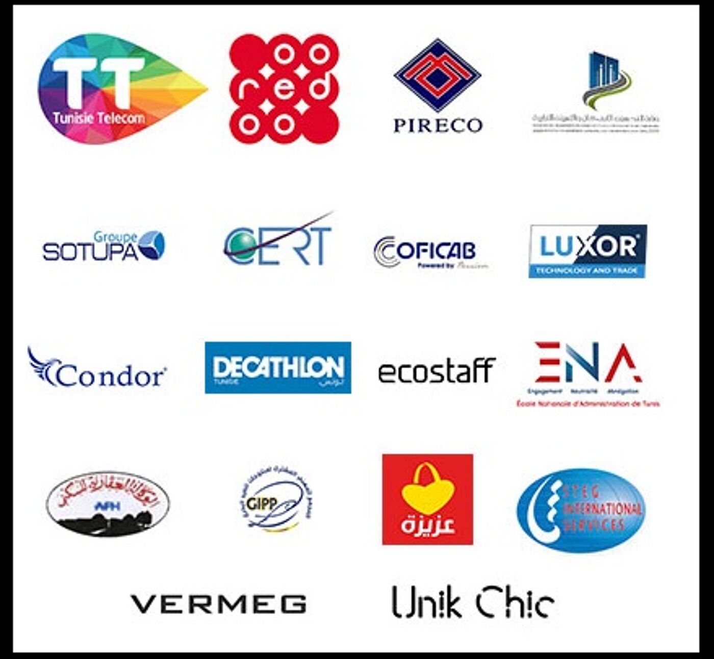 A montage of various logos representing telecommunications, petroleum, finance, technology, retail, and other sectors in Tunisia.