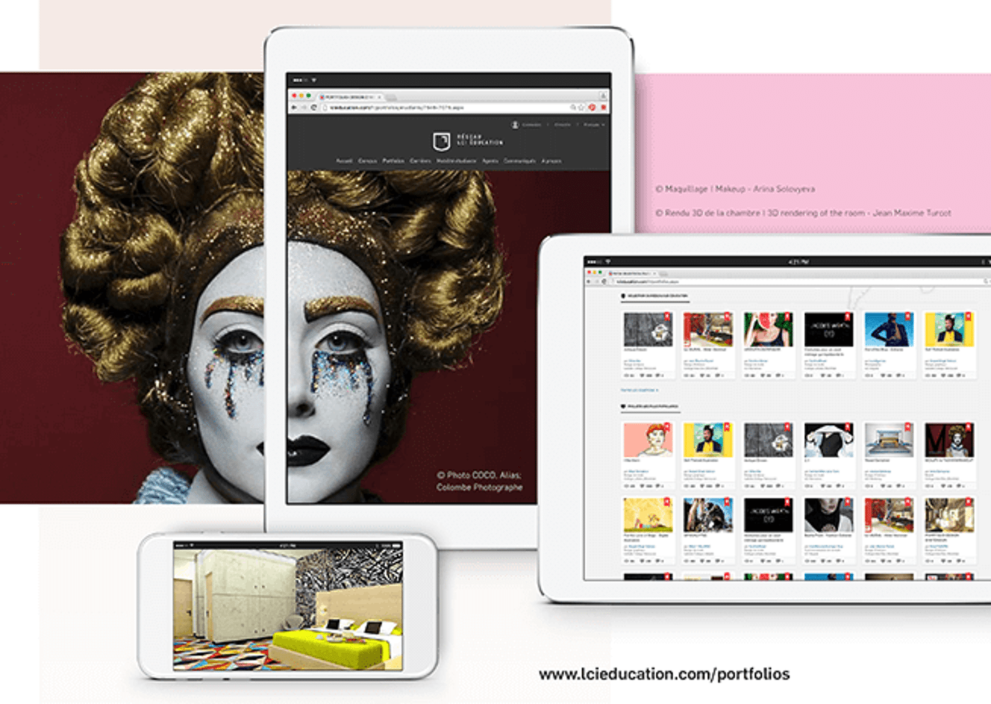 An artistic makeup model is featured on multiple digital screens, showcasing a creative portfolio.