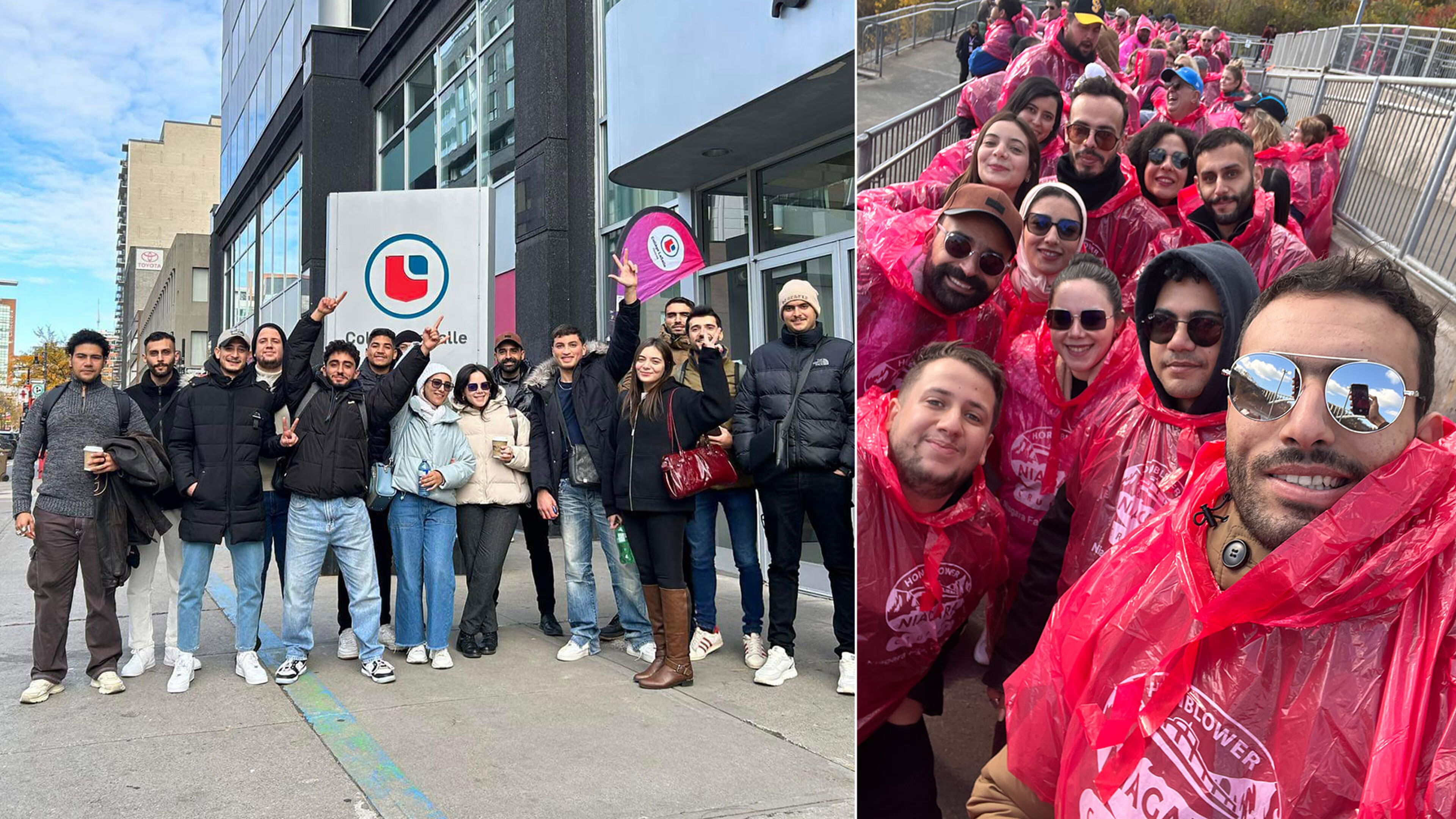 L'image de gauche montre des étudiants devant le Collège LaSalle ; à droite, ils portent des ponchos roses, probablement sur un site touristique.