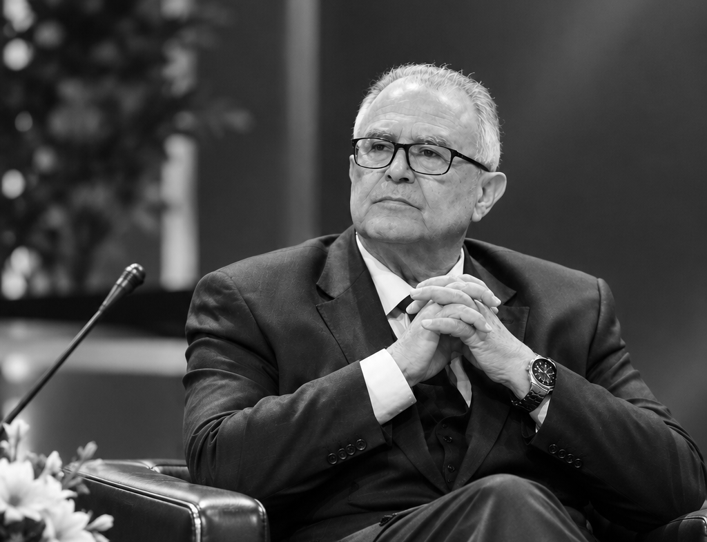 A distinguished older gentleman in a suit and tie sits attentively, with his hands clasped and gaze directed thoughtfully off-camera, suggesting a moment of contemplation during a formal event.