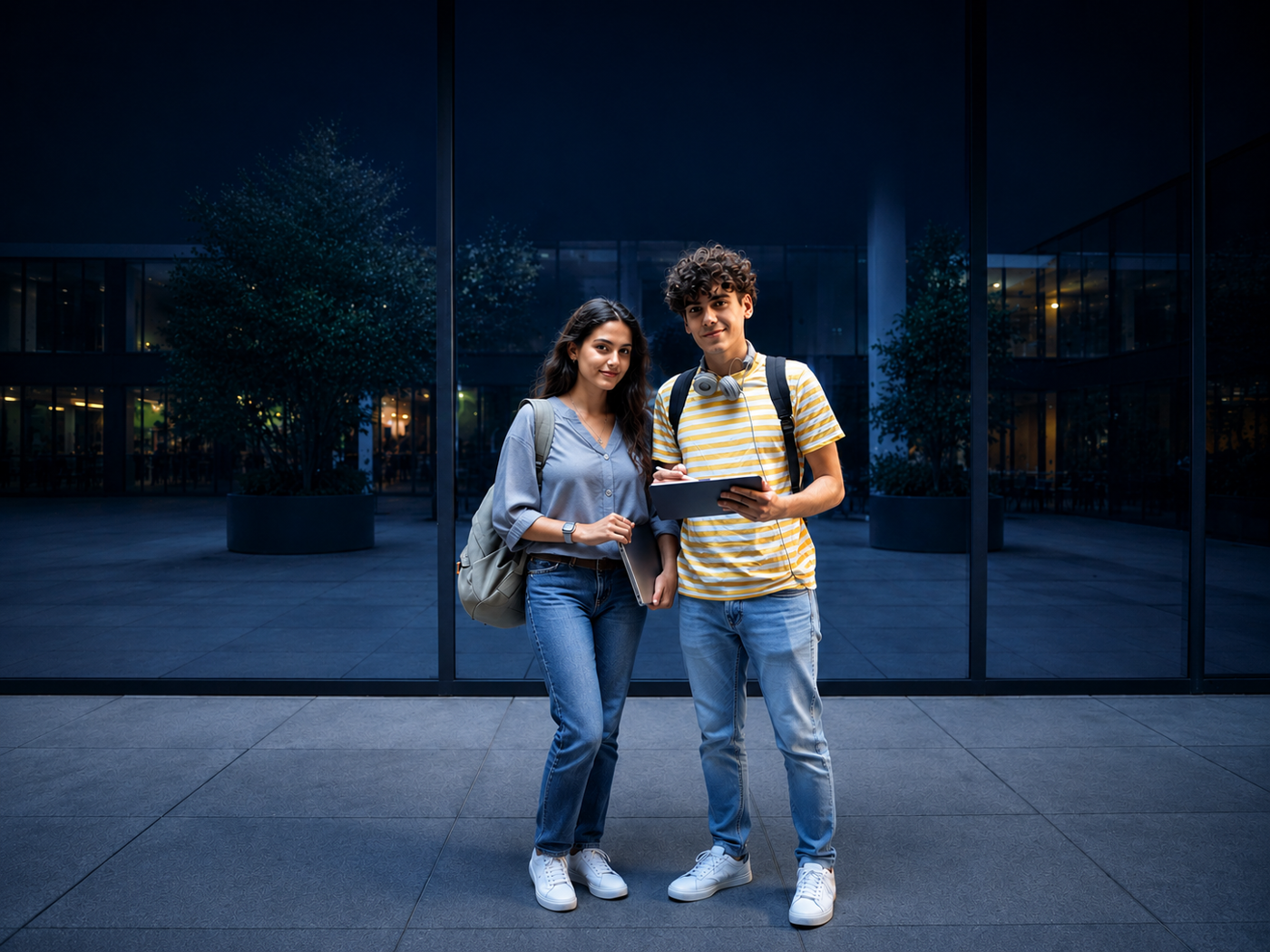 Two young people, a boy and a girl, stand outdoors in front of a modern building with dark windows. The boy wears a striped t-shirt and the girl wears a gray blouse. Both are carrying backpacks.