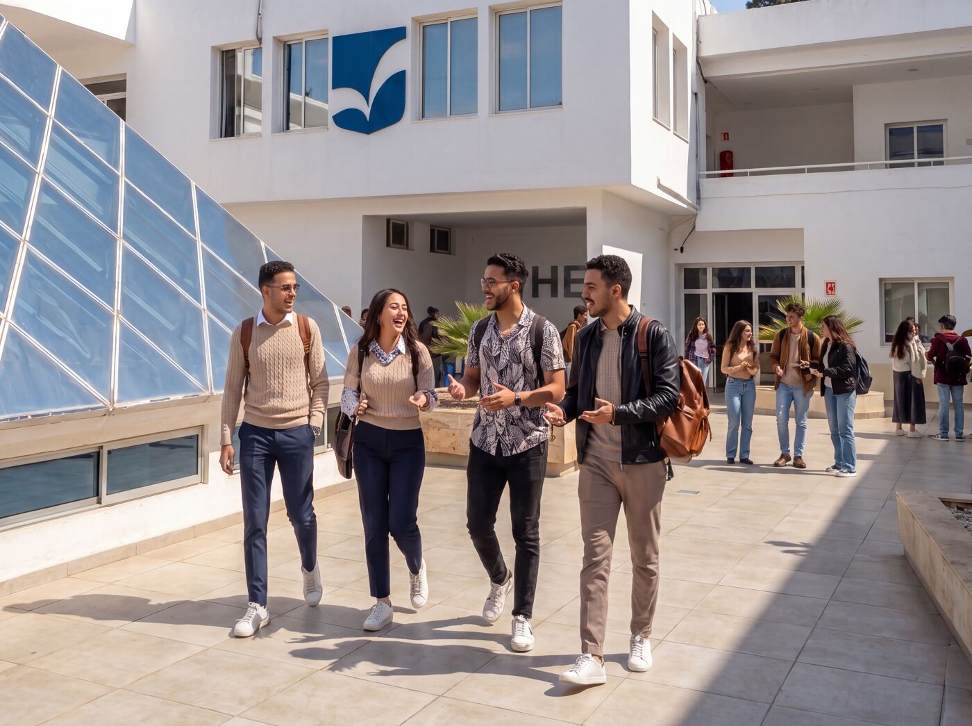 A group of four students walk together through an outdoor courtyard of a university building, talking and smiling while carrying backpacks. Other students are visible in the background.