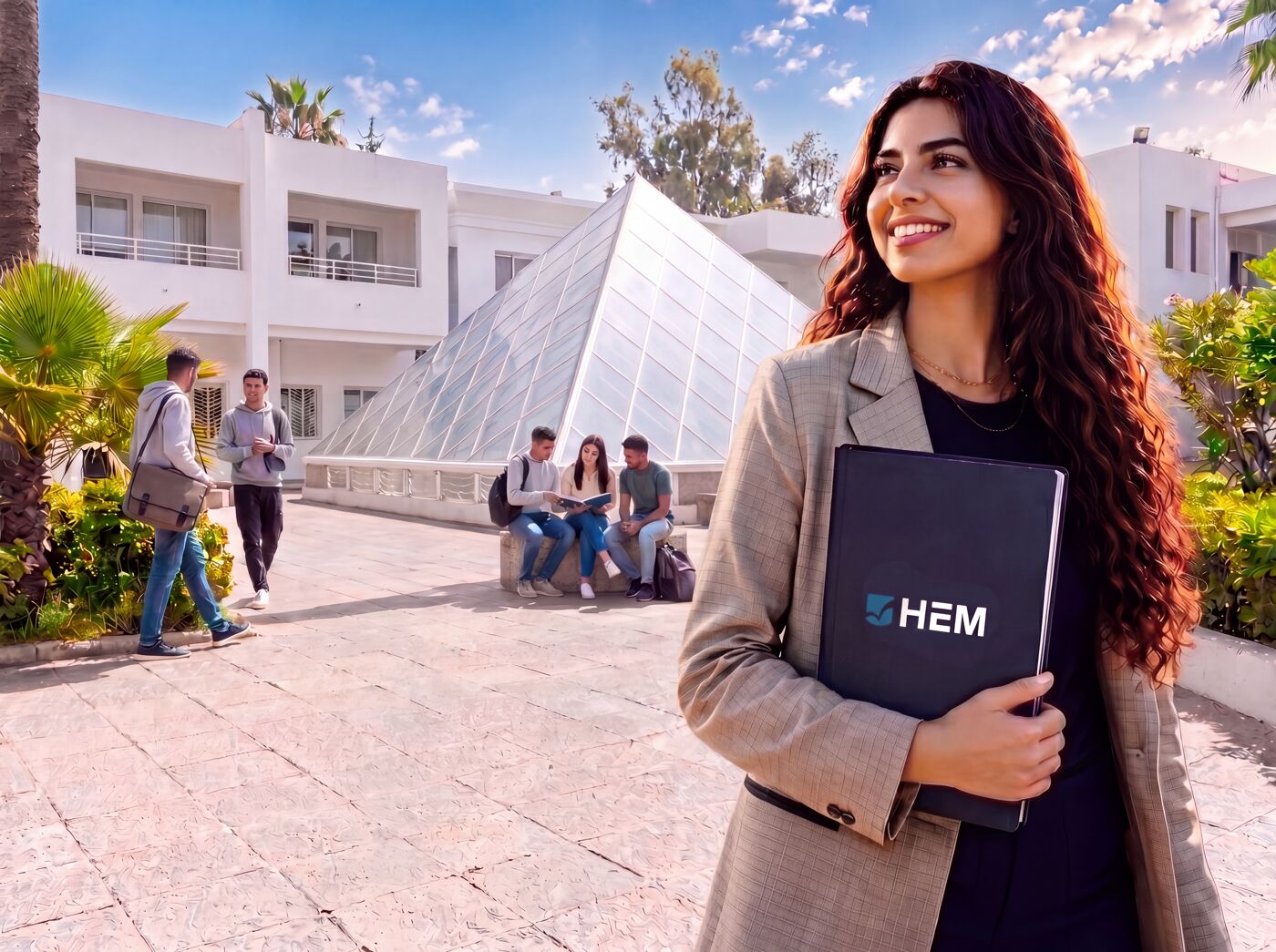 A smiling woman holding an HEM folder stands in front of a university building with students in the background.