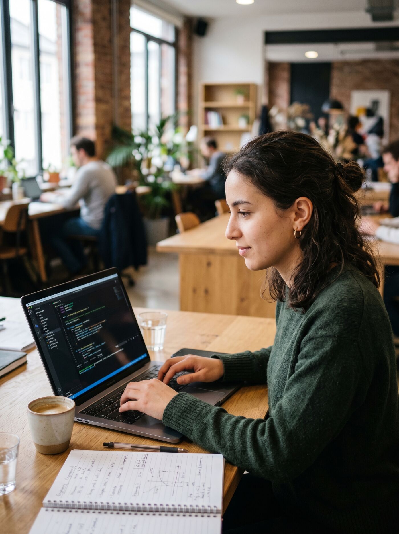 A young woman with her hair tied back works on a laptop displaying code, in a bright co-working space with other people in the background.