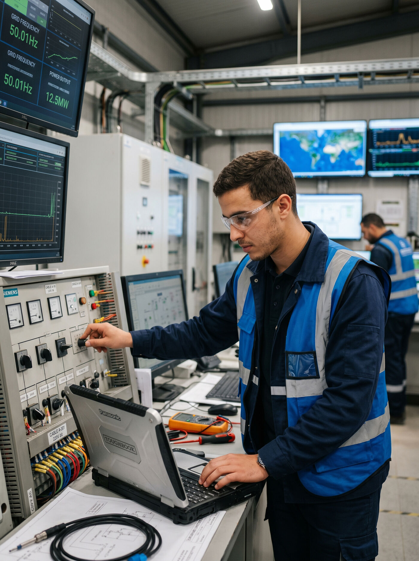 A man wearing safety glasses and a reflective vest works at a control panel with a laptop, monitoring technical data on screens.