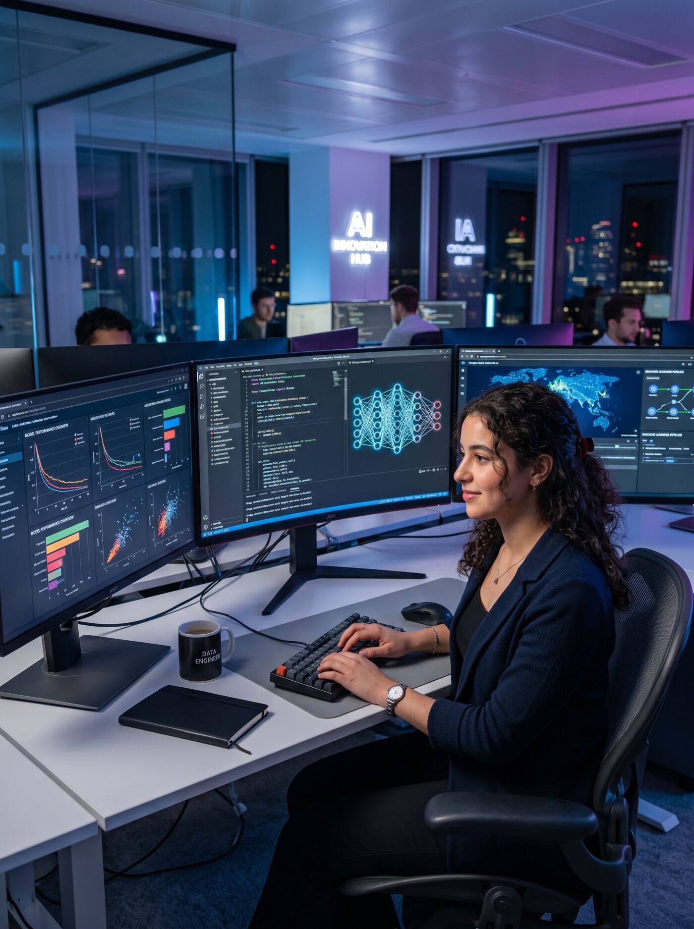 A woman works in a modern office environment with multiple monitors displaying charts and code, possibly in artificial intelligence or data science.