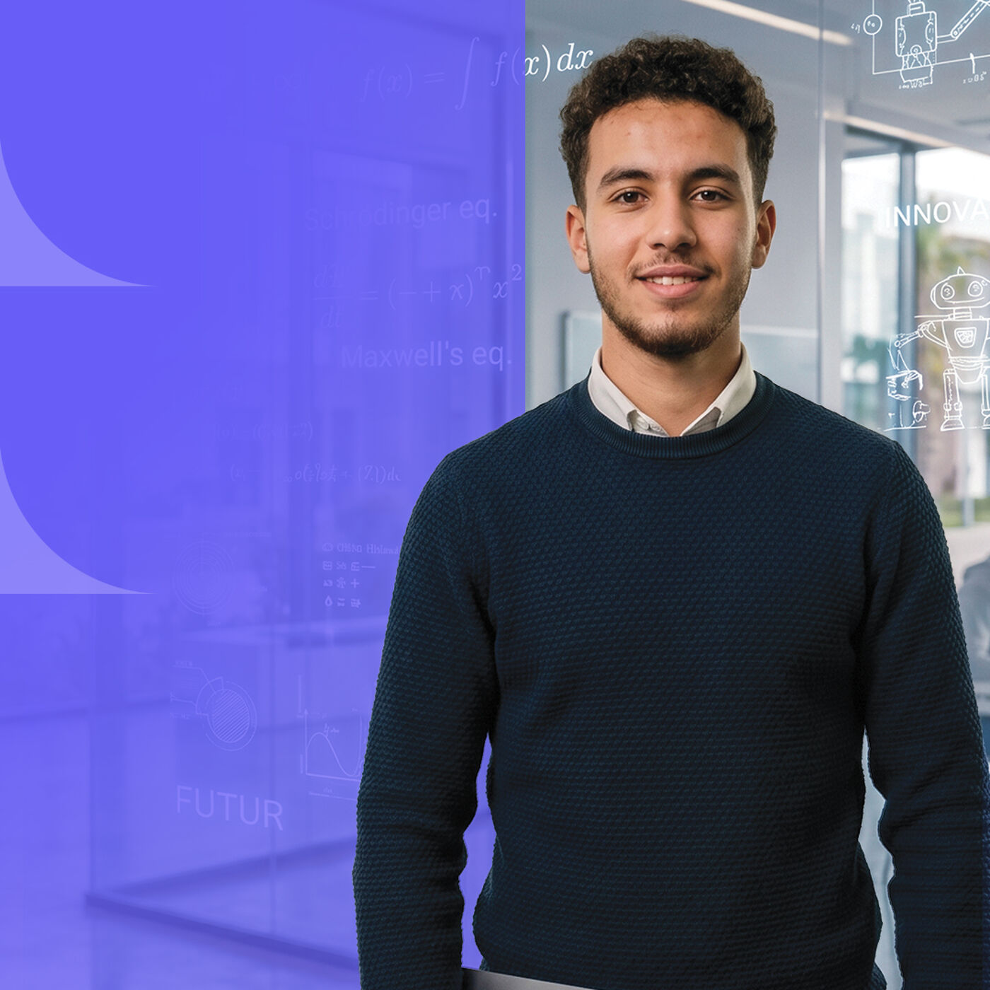 A young man in a dark blue sweater smiles at the camera, set against a background of equations and technical drawings, suggesting an educational or innovation setting.