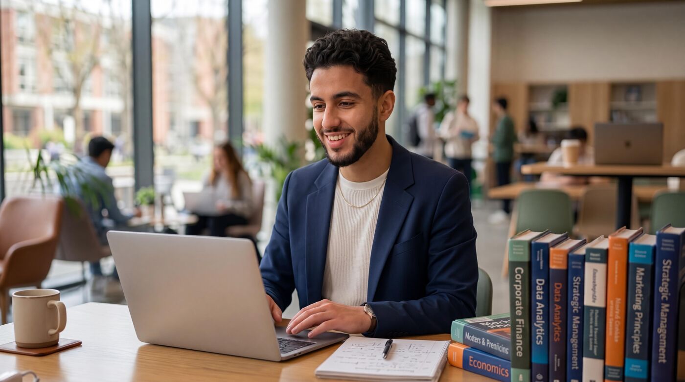 A smiling man works on a laptop in a coffee shop or library setting, with books to his right.