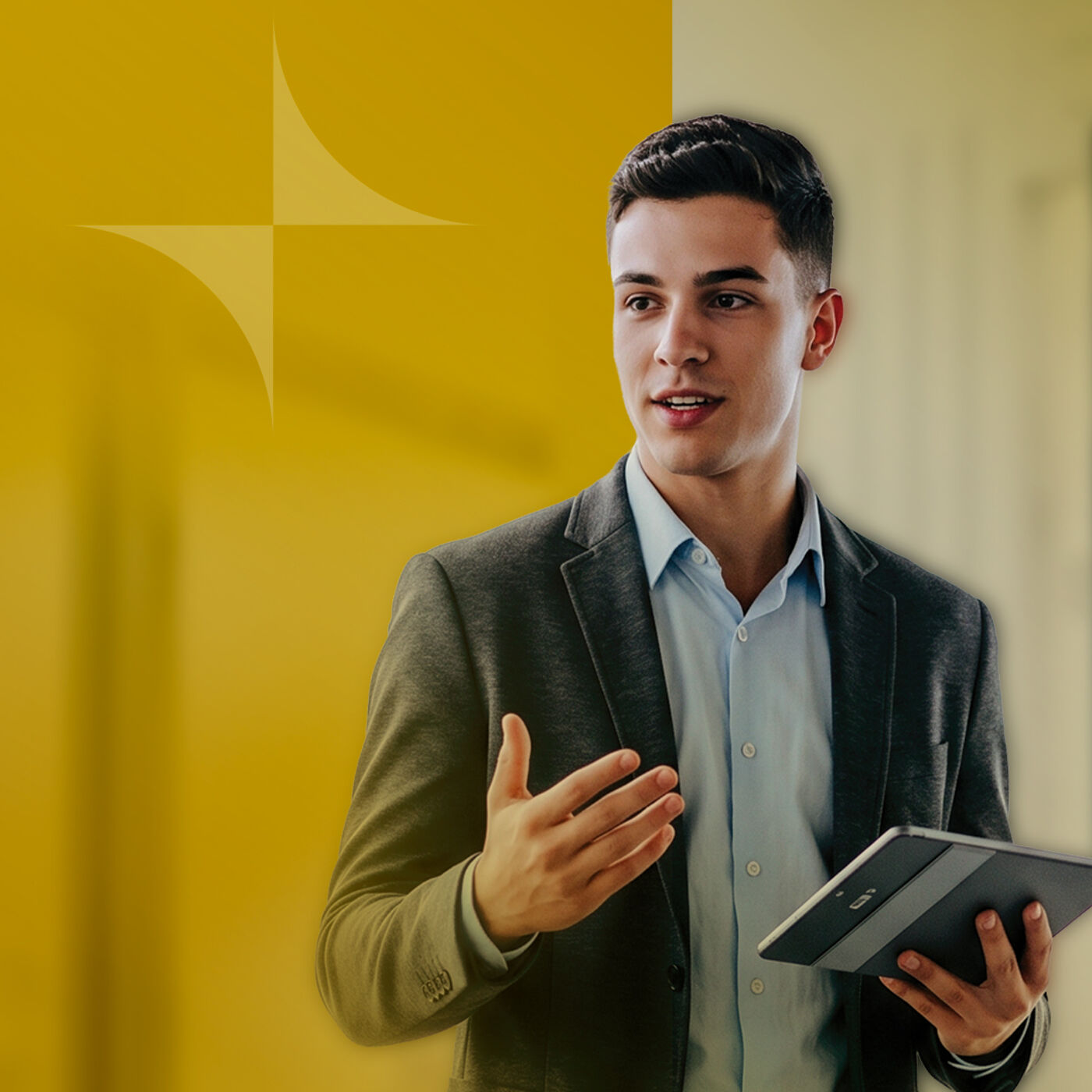 A young professional holding a tablet, speaking confidently in front of a yellow background with a stylized symbol.