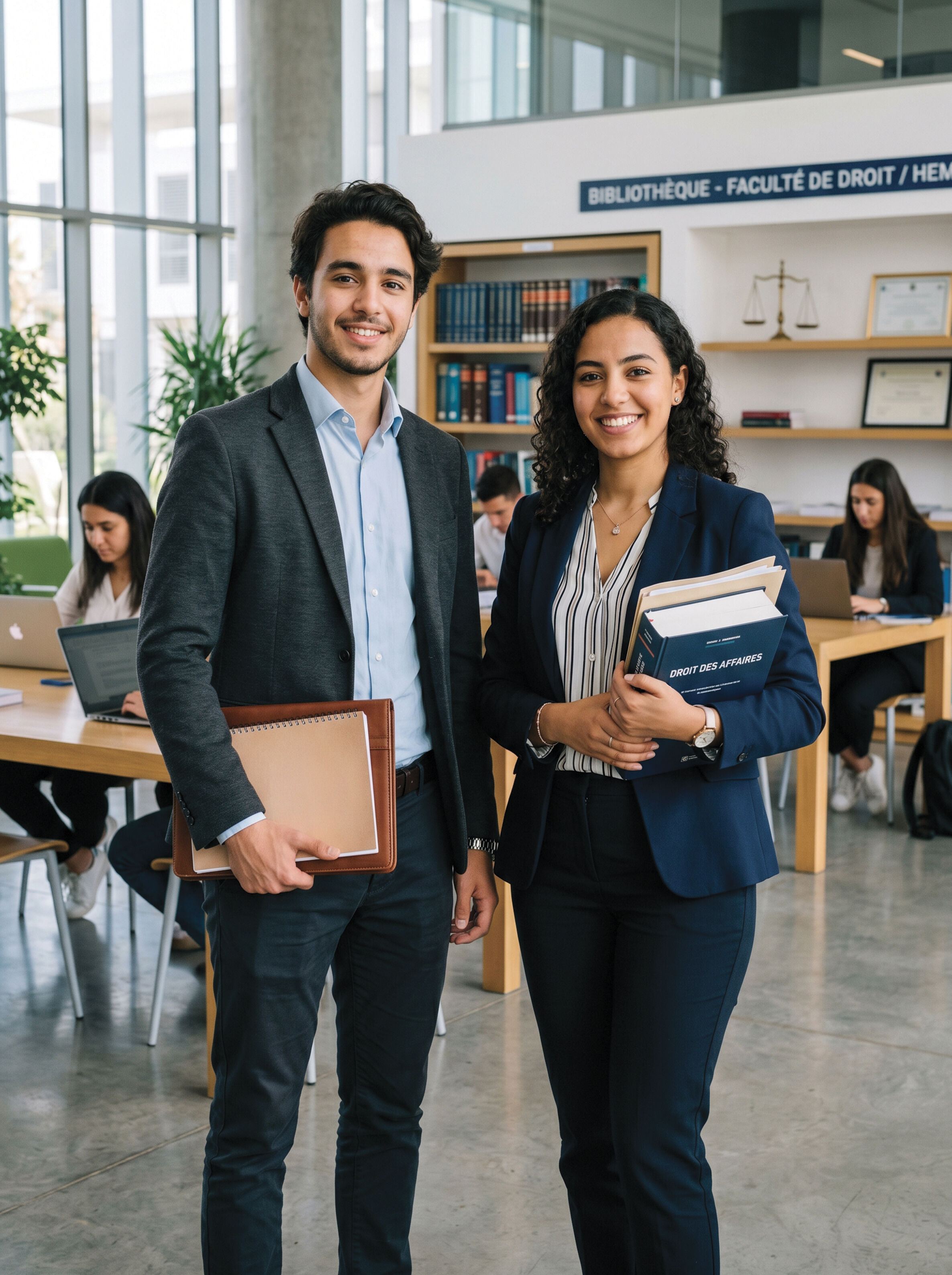 Two smiling students in formal attire are in a library setting, with bookshelves and other students studying in the background.