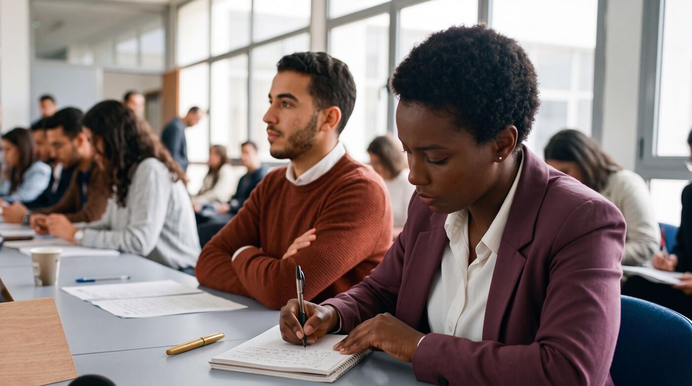 The image shows a diverse group of people, likely students or professionals, attending a presentation or lecture in a modern classroom or conference room setting. They are seated at a long table, with some taking notes.