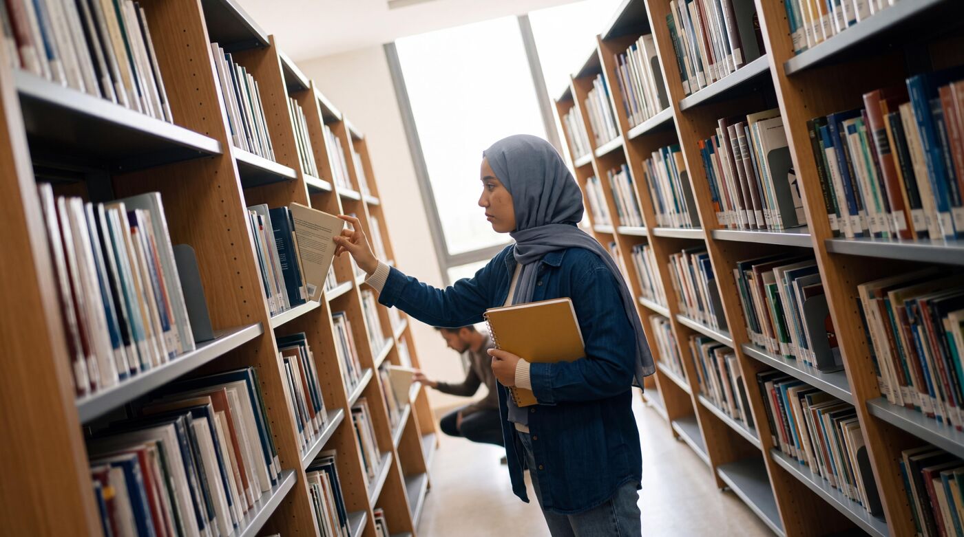 A woman wearing a hijab reaches for a book on a shelf in a library, with another person in the background. Light streams in from windows, illuminating the aisles filled with books.