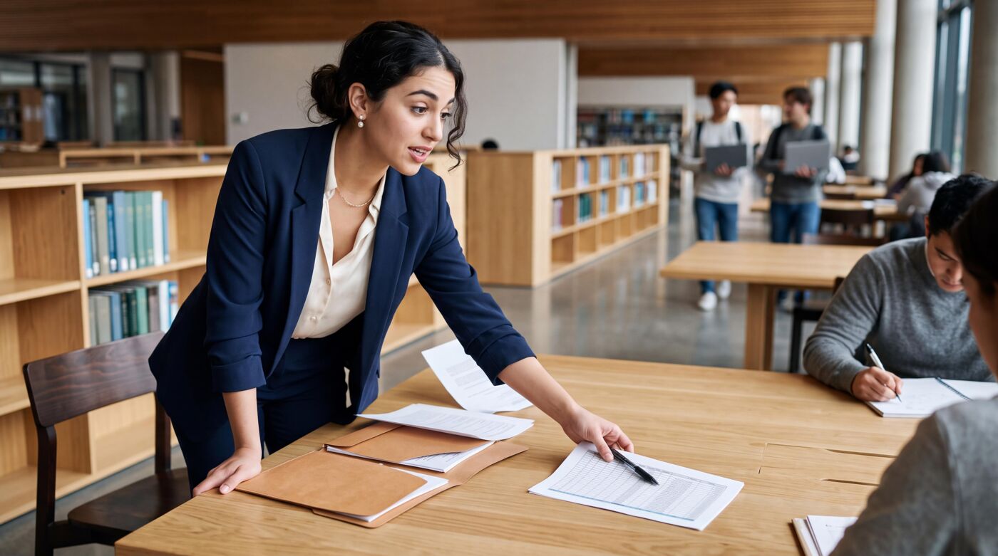 A female instructor in a navy blue suit is pointing at a document on a wooden table, actively engaging with students in a library setting.