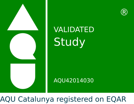 A green square displays a white logo with geometric shapes, the text "VALIDATED Study," a registration number, and "AQU Catalunya registered on EQAR" below.