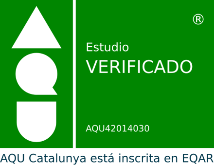 A green logo with white shapes and text reads "Estudio VERIFICADO" in white letters, with "AQU42014030" below, and "AQU Catalunya está inscrita en EQAR" at the bottom.