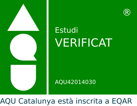 A green square shows a white logo with geometric shapes and text that says "Estudi VERIFICAT", "AQU42014030", and "AQU Catalunya està inscrita a EQAR".