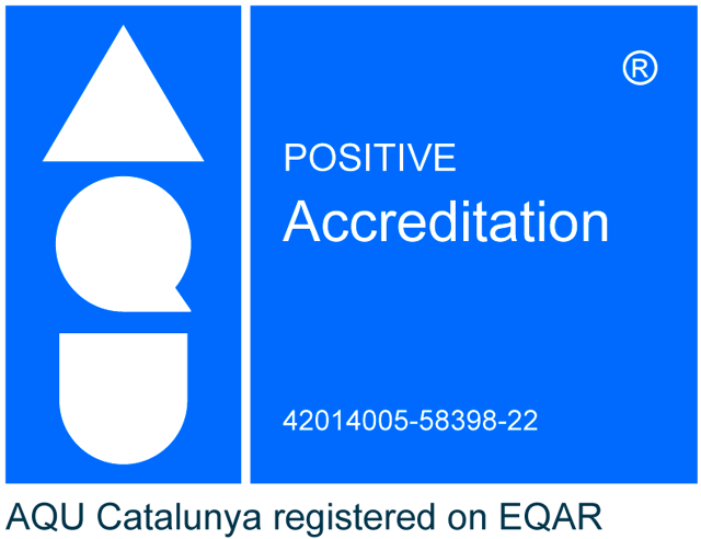 A blue square displays the Positive Accreditation logo with its ID number, and the text "AQU Catalunya registered on EQAR" at the bottom.