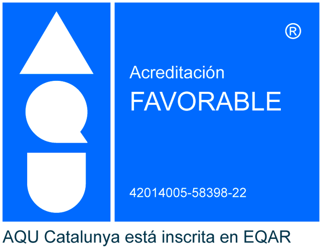 A blue image shows the AQU Catalunya logo on the left and a favorable accreditation certificate on the right, with text indicating that AQU Catalunya is registered in EQAR.