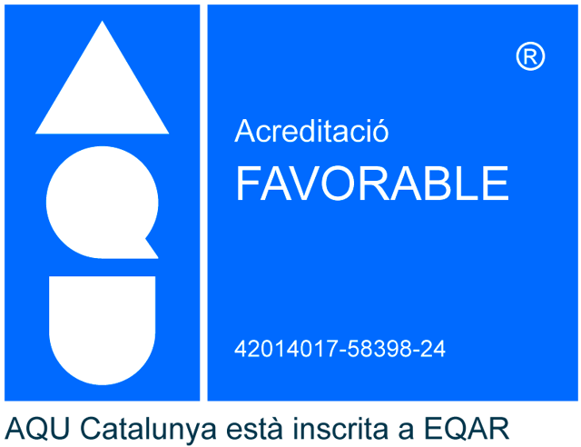 A blue square shows a logo with geometric shapes on the left and text indicating a favorable accreditation with a registration number on the right.