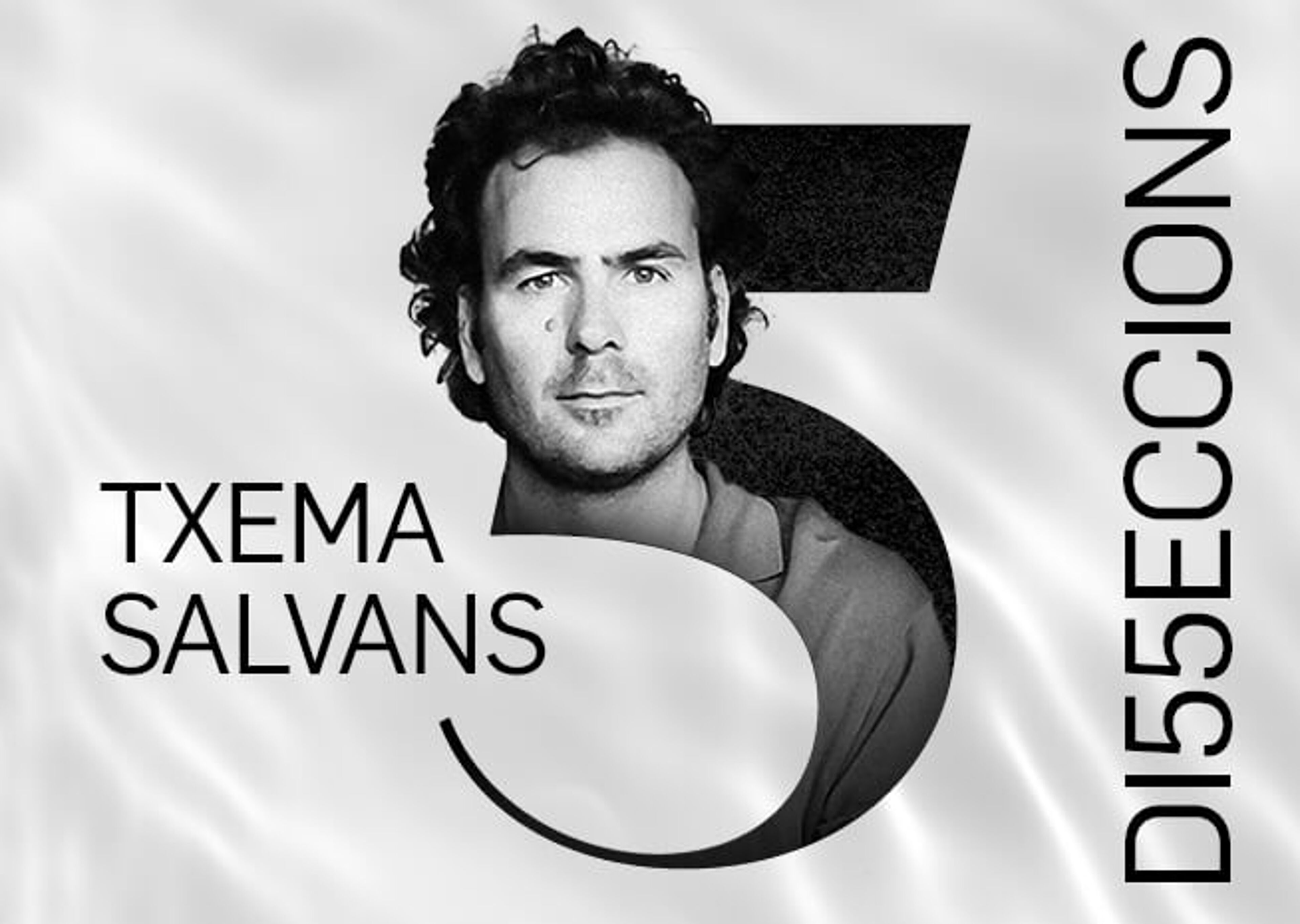 A monochrome portrait of a curly-haired man overlaid with bold typography and a large number '5' design.