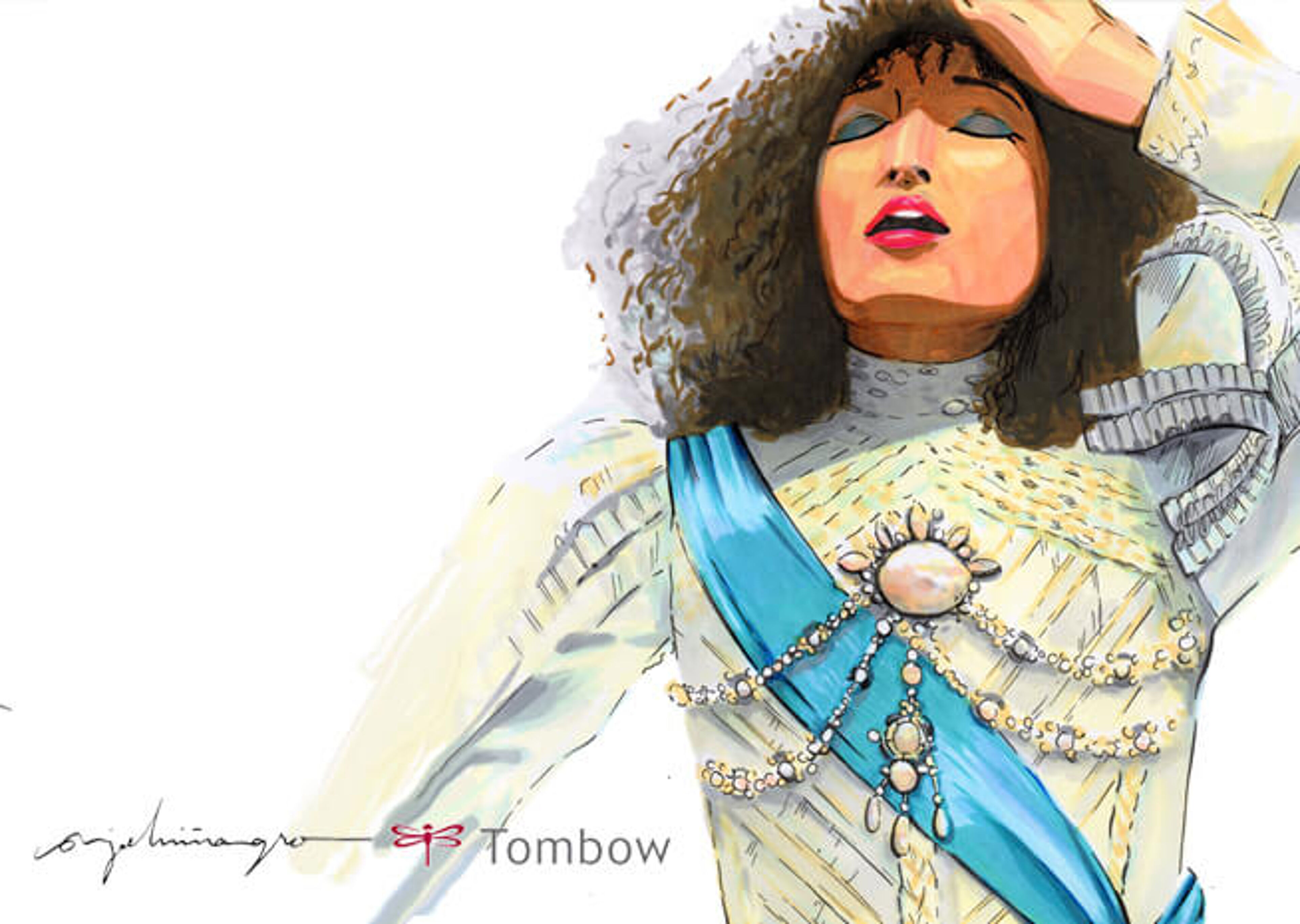 Imatge dibuixada a mà d'una dona en pose contemplativa, adornada amb perles i roba vintage, amb signatura i logotip "Tombow".