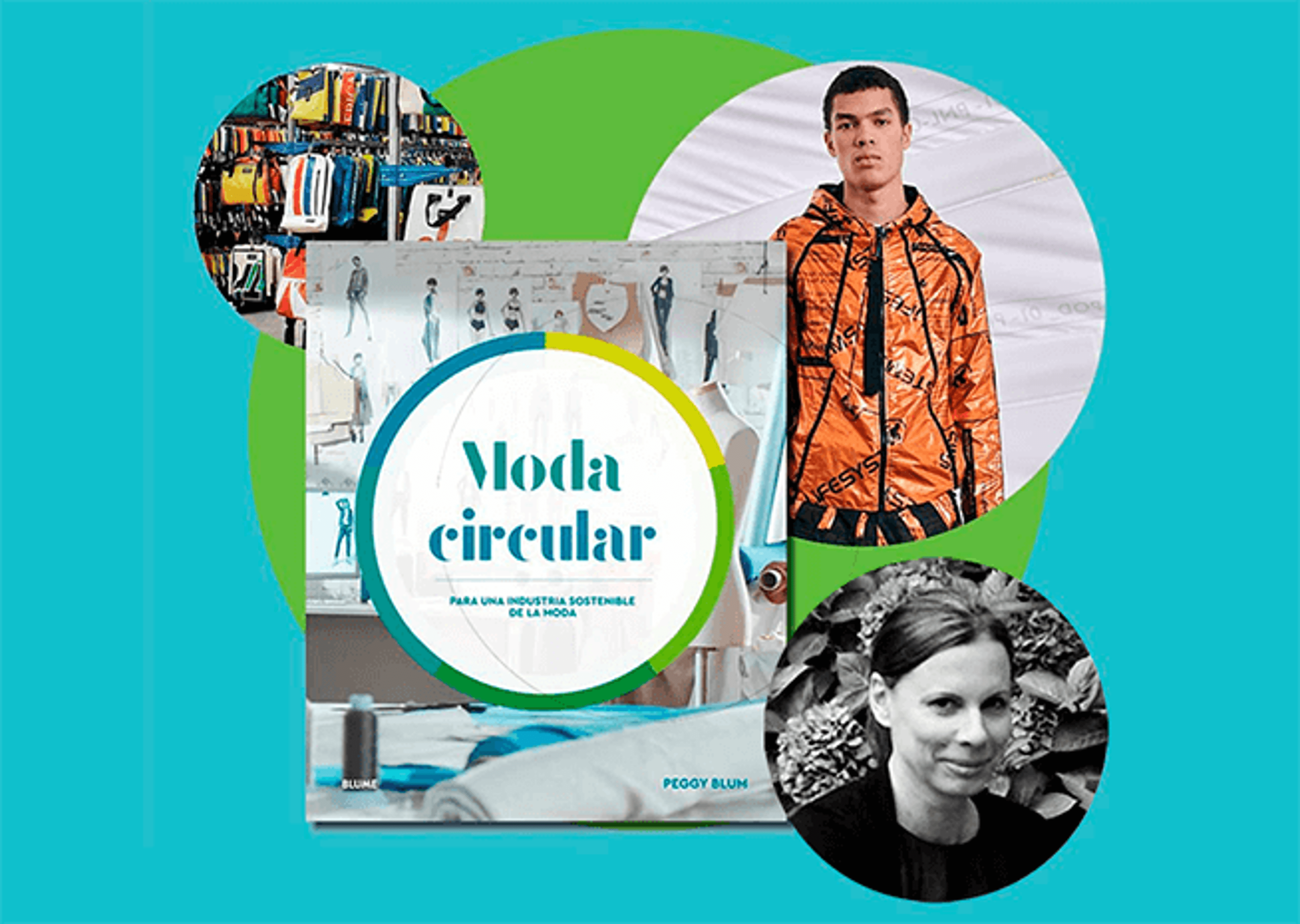 A collage of images featuring individuals and fashion items, with the central theme of "Moda circular" for sustainable fashion.