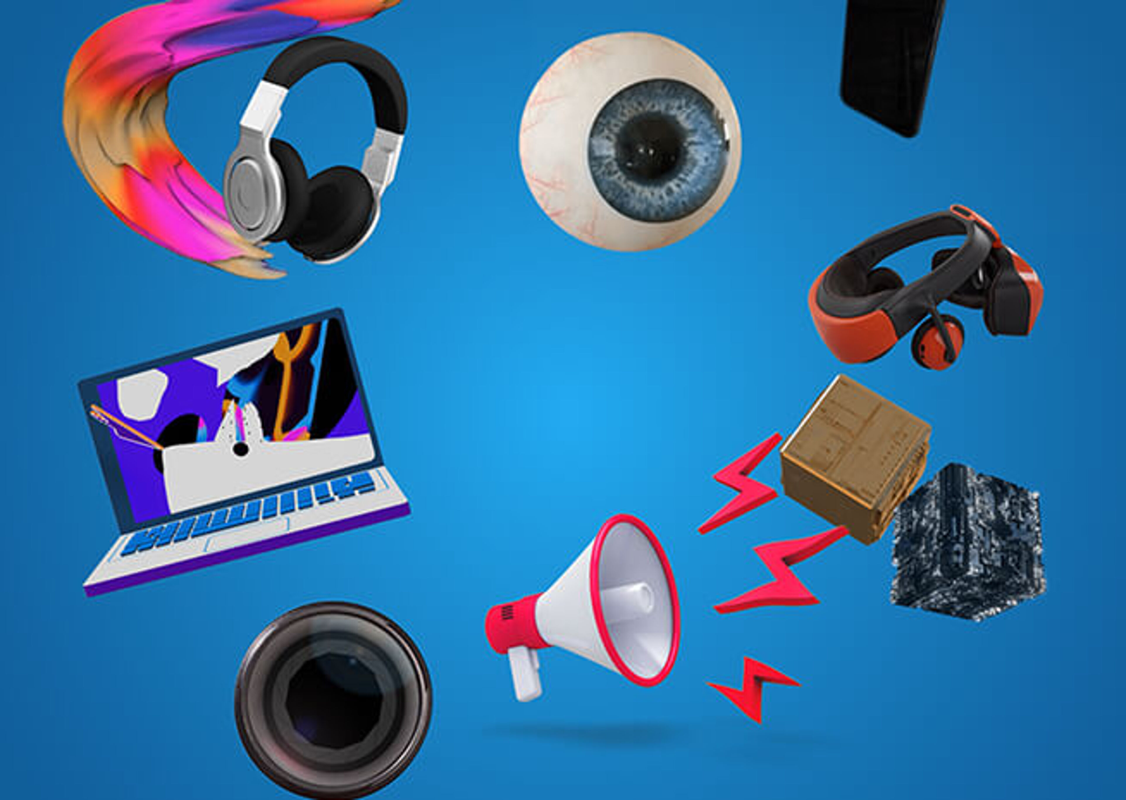 A digital collage of various multimedia objects including headphones, an eyeball, VR headset, laptop, megaphone, camera lens, and a speaker, all against a blue background.