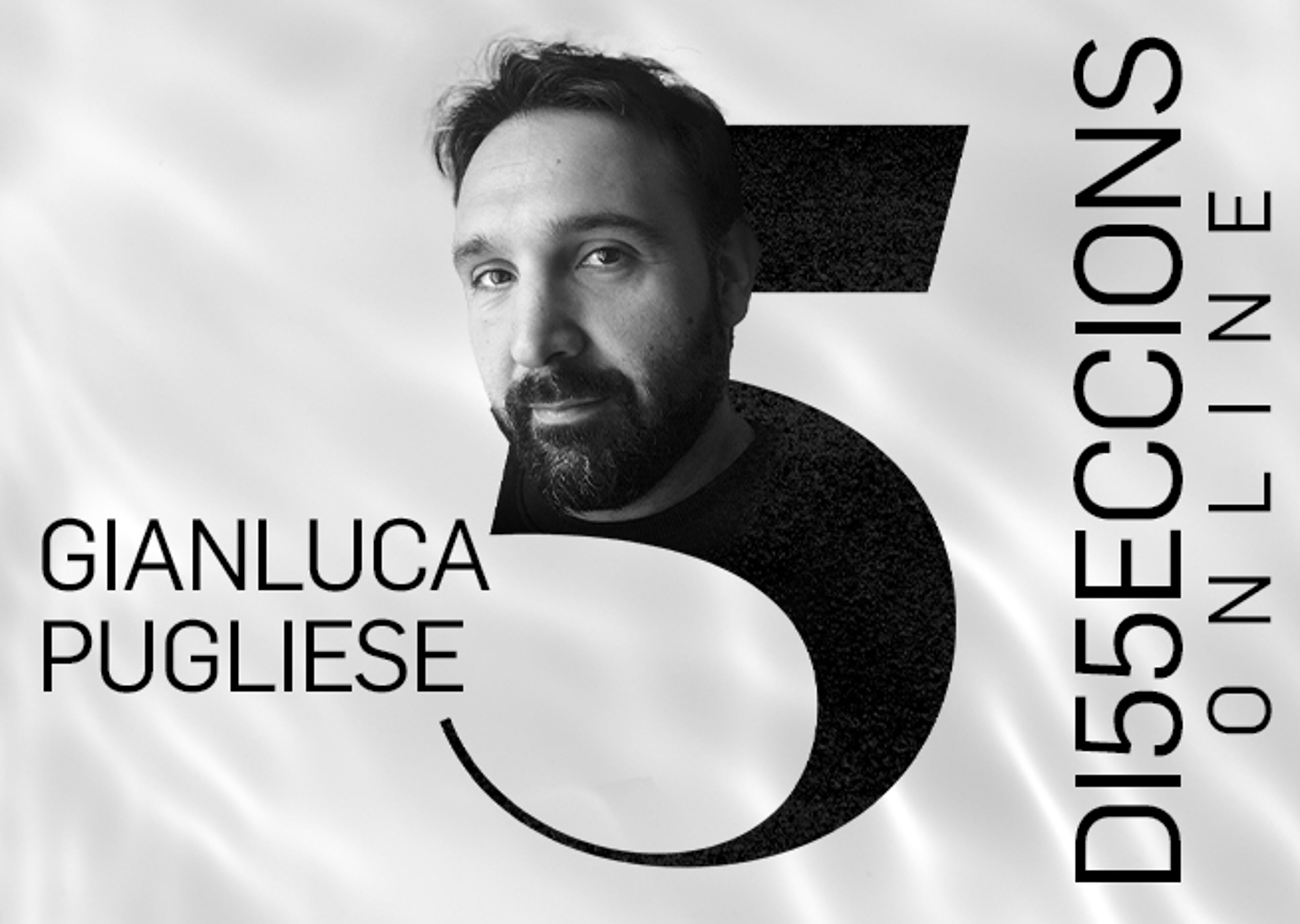 A stylized black and white image of a man with graphic text and a large numeral design, indicative of personal branding or promotion.
