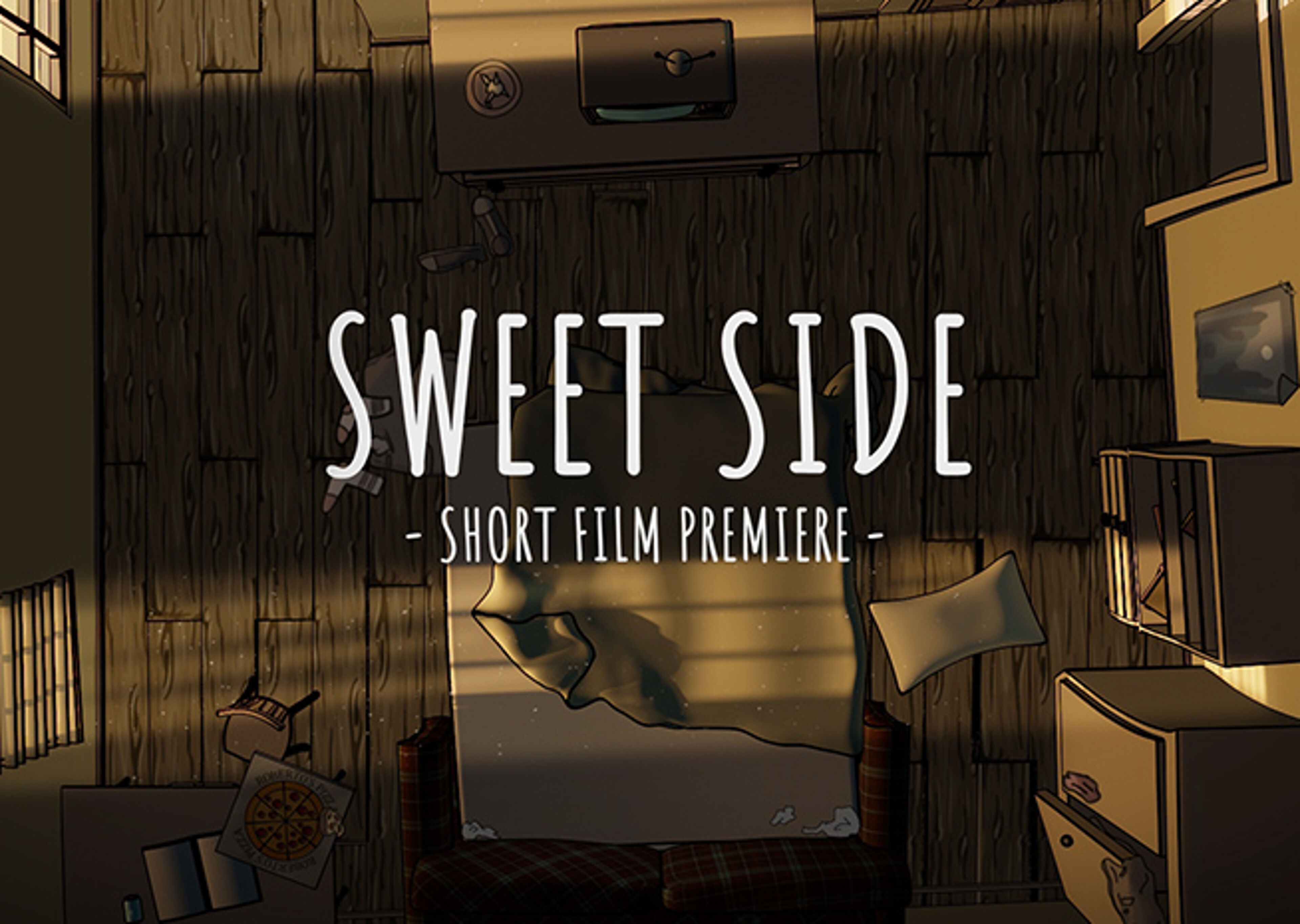 Un pòster il·lustrat d'una habitació tènue amb objectes escampats, anunciant la primera de "Sweet Side", un curtmetratge.