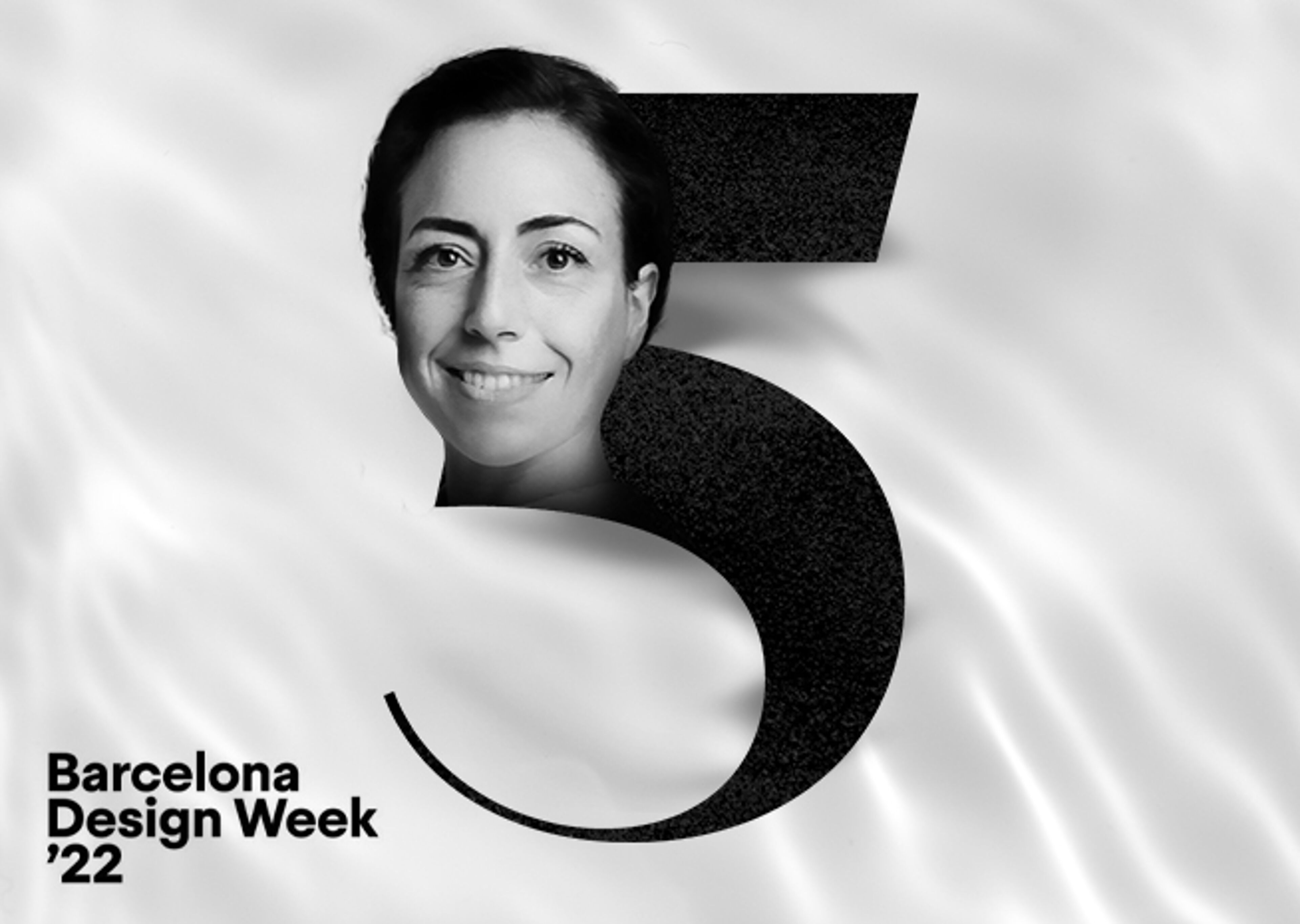 Black and white image featuring a woman's smiling face alongside the bold number '5', for Barcelona Design Week 2022.