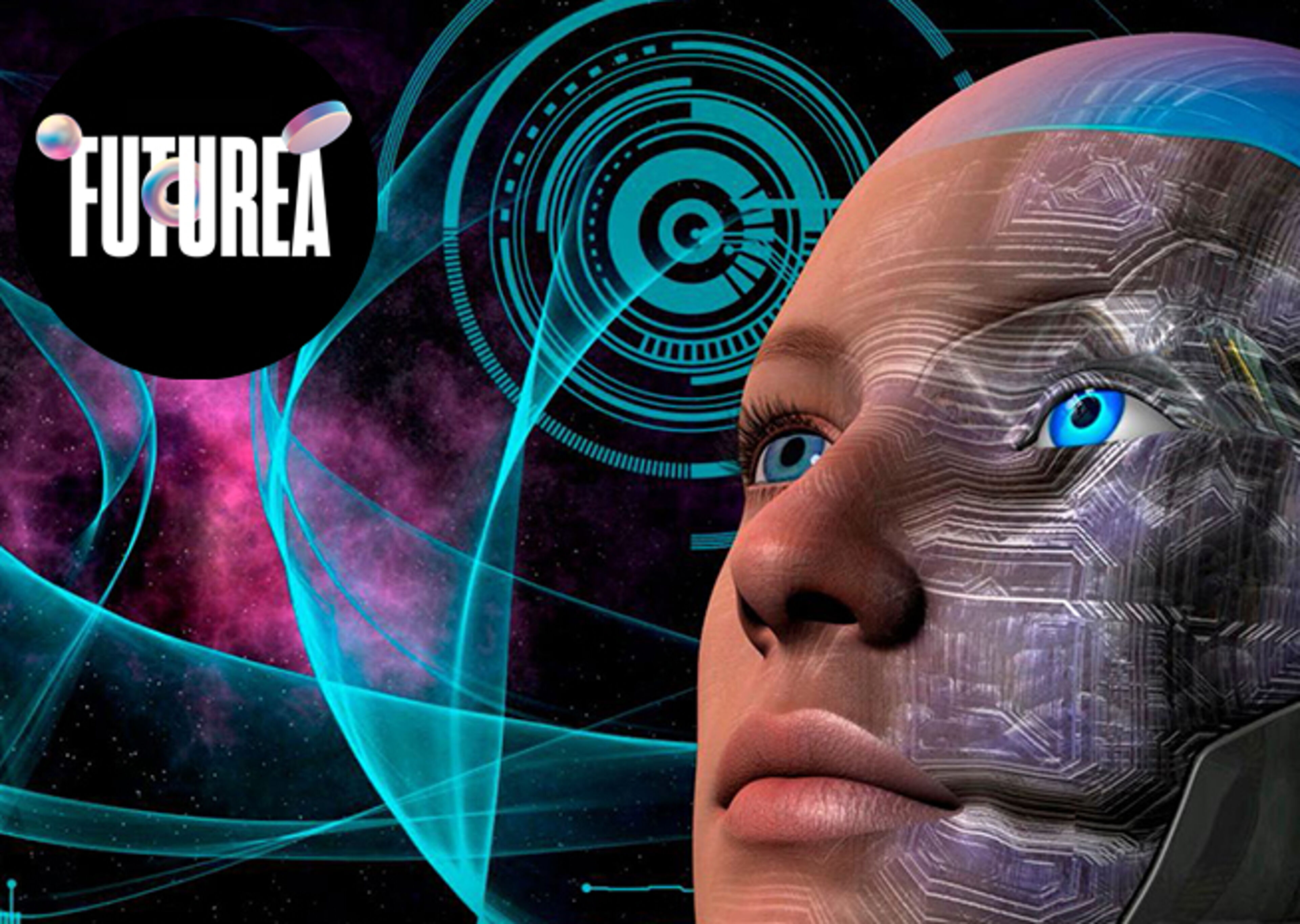Arte digital que muestra una cara robótica con un fondo cósmico, simbolizando la inteligencia artificial avanzada.