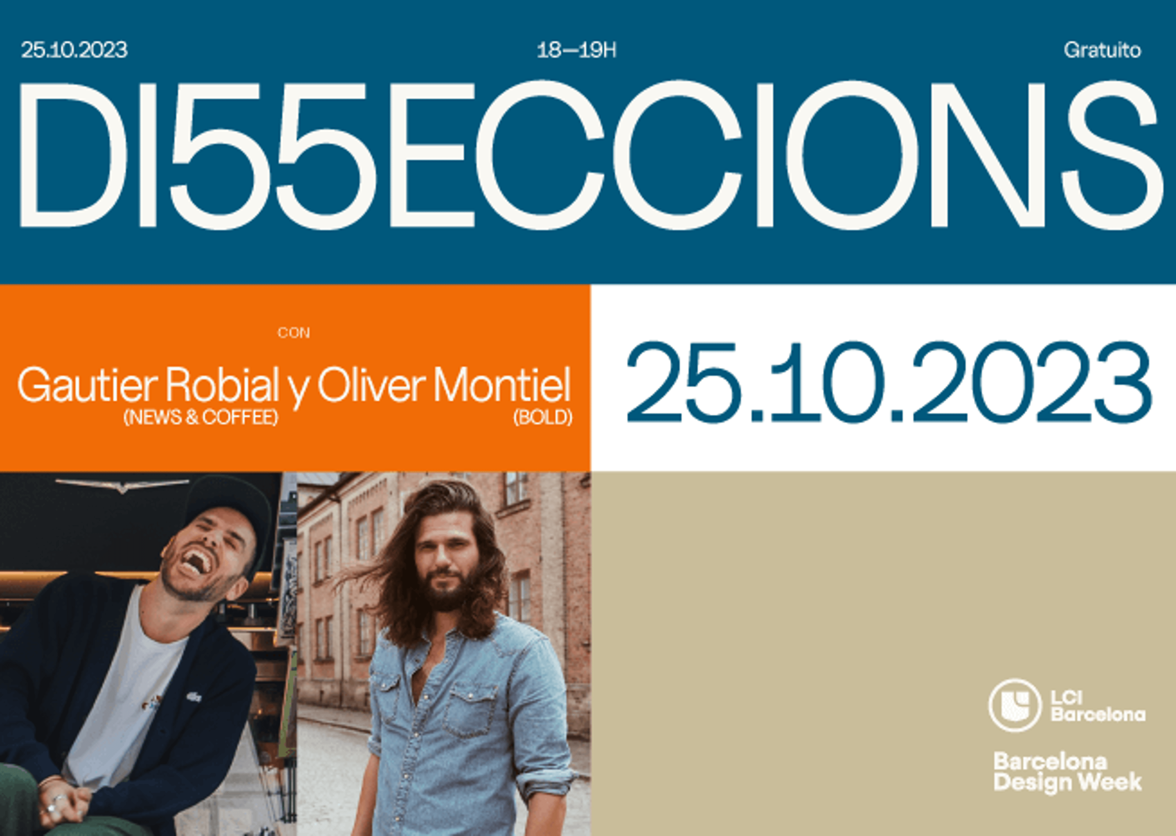 Flyer for 'D15ECCIONS' on 25.10.2023, featuring speakers Gautier Robial and Oliver Montiel, part of Barcelona Design Week.
