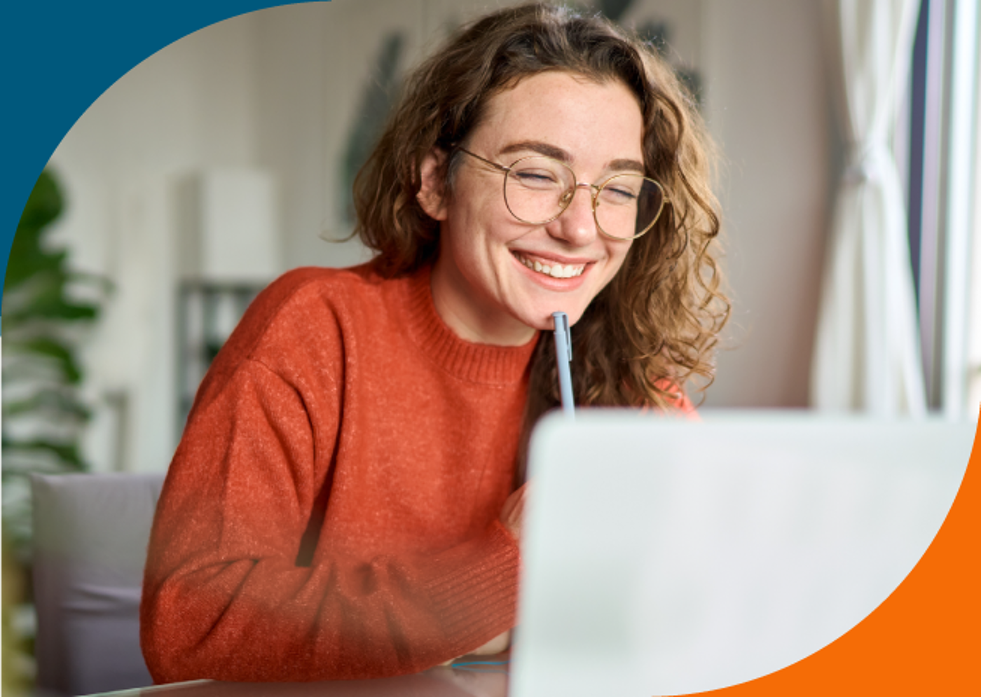 Happy Woman Using Computer