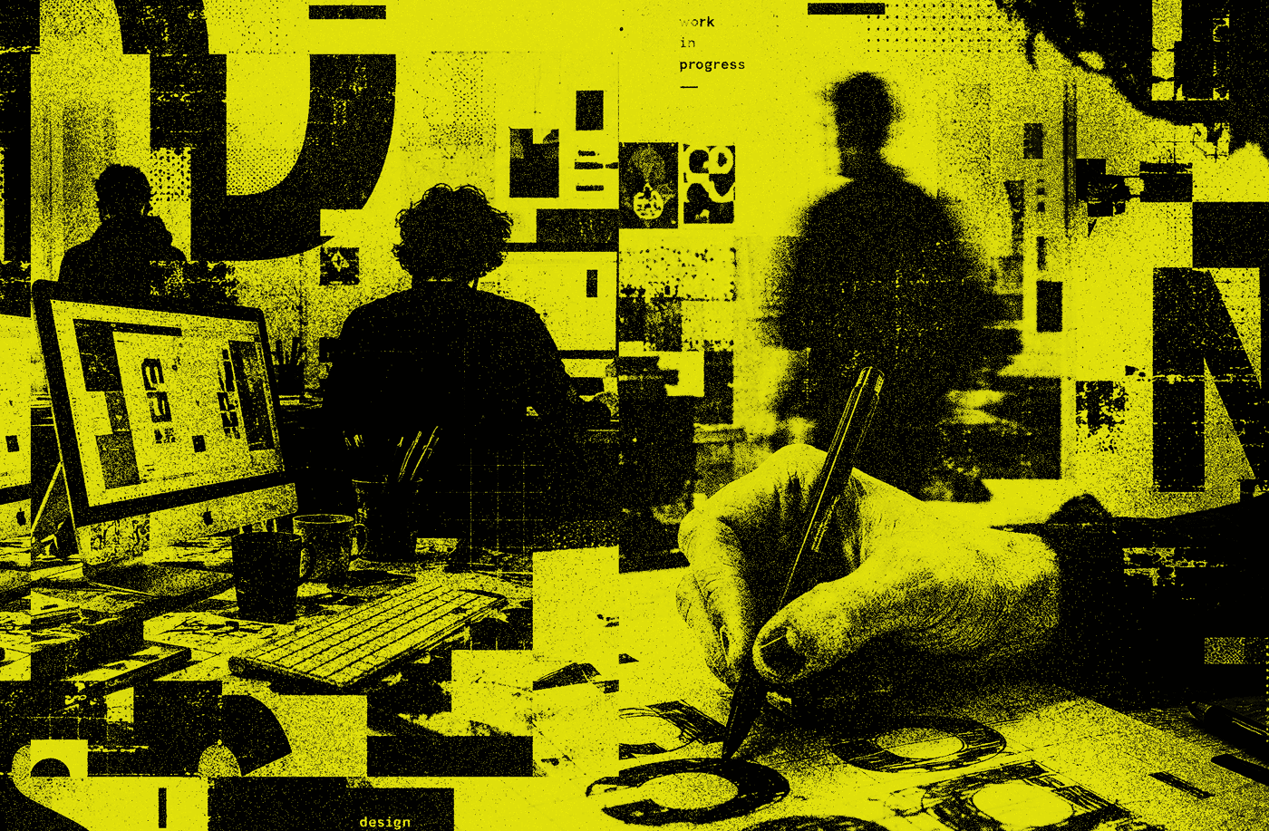 The image depicts a scene with two individuals seated at a computer in what appears to be an office or studio setting, characterized by a pixelated and low-contrast aesthetic.