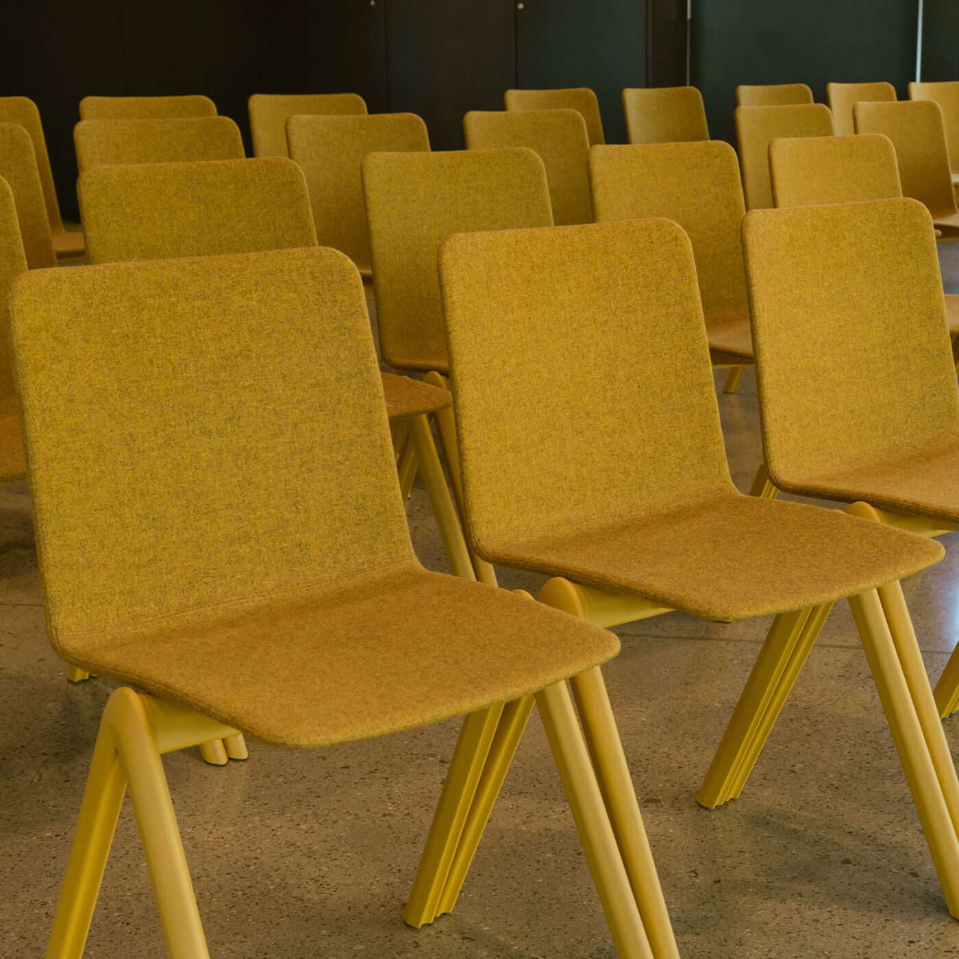 The image shows a room filled with rows of yellow chairs. The chairs are simple in design, with a square back and seat, and four legs. The room appears to be a conference room or auditorium.