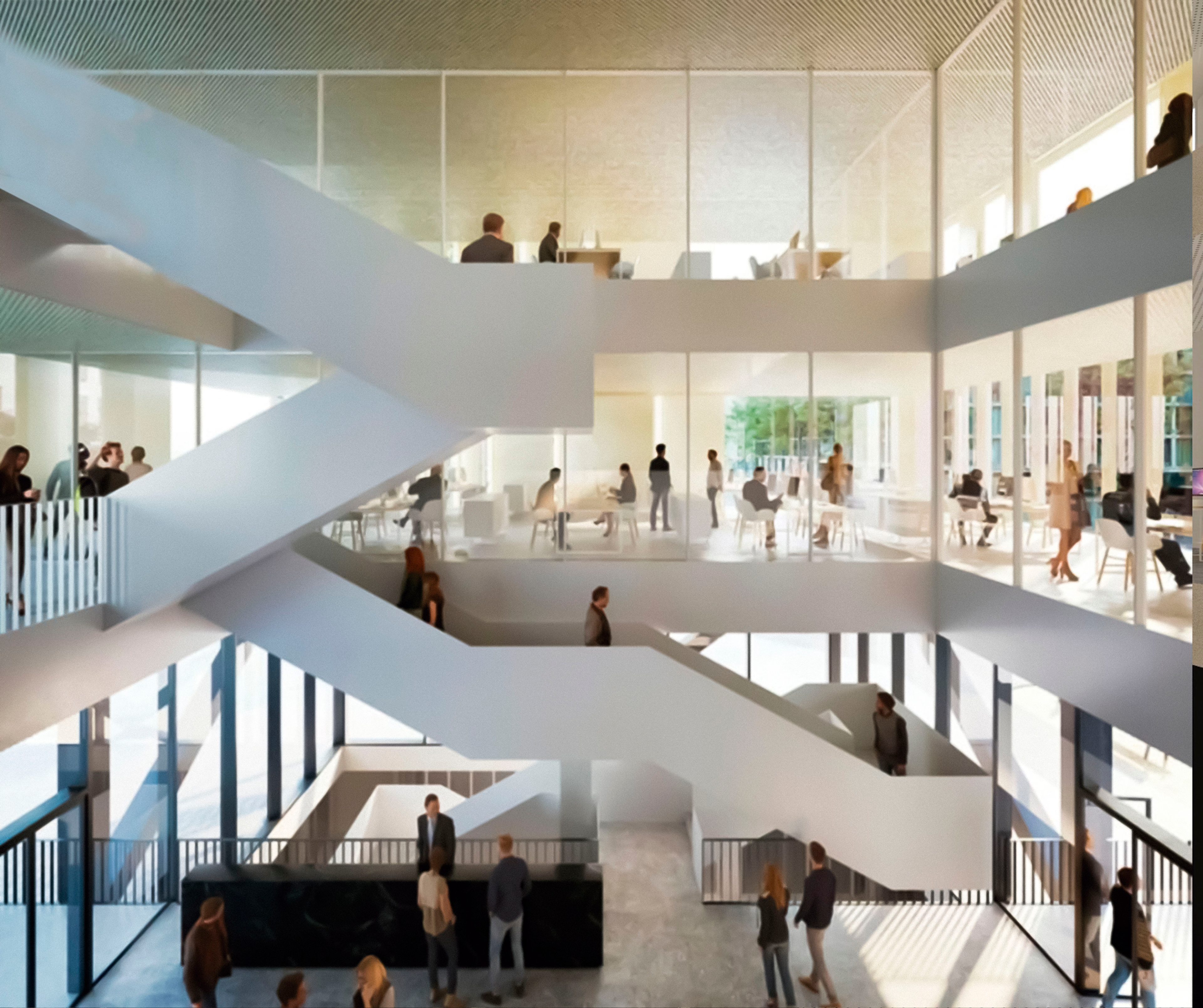 People mingle in a spacious atrium with intersecting staircases and a minimalist design.