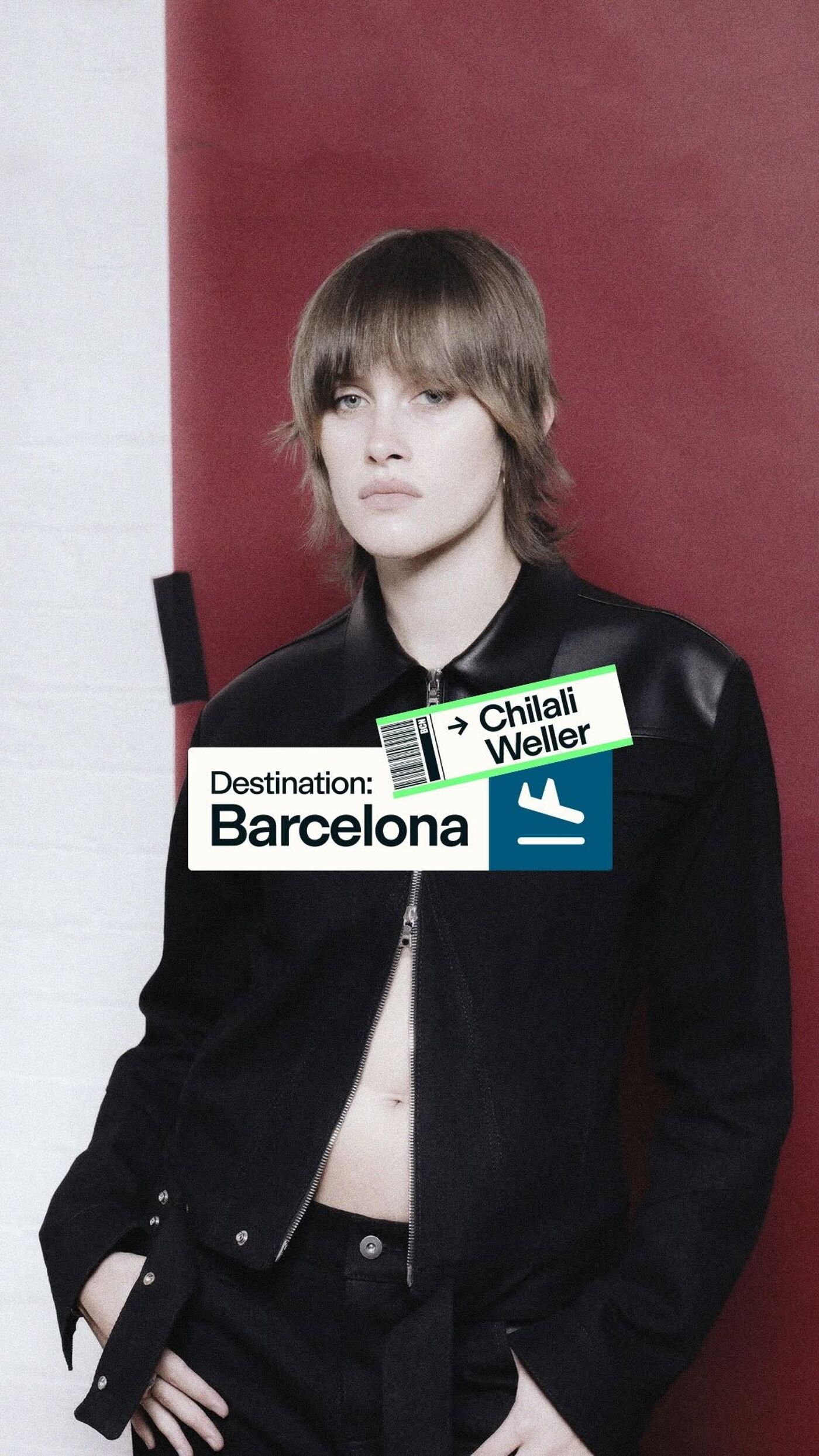 A woman with a mullet hairstyle and bangs wears a black leather jacket with leather details on the shoulders. The image features a destination tag that reads "Barcelona".