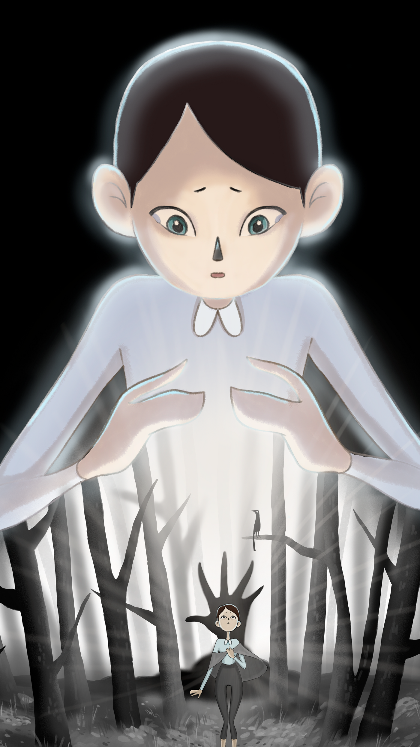 The image shows a young woman standing in a dark forest, with a large, glowing figure of a child looming over her. The child has a surprised expression and is reaching out towards the woman.