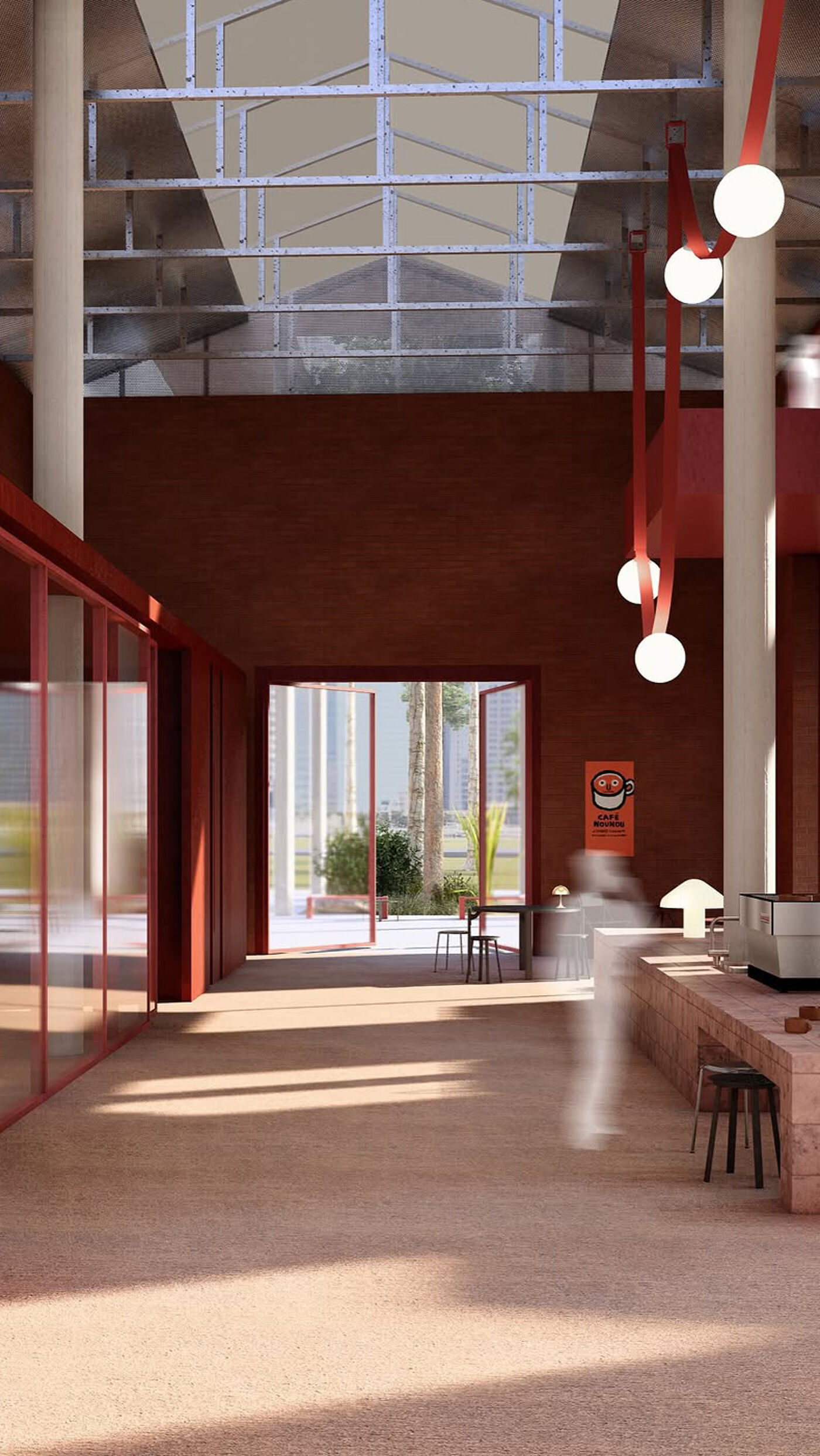 The image shows a modern interior space with red brick walls, large windows, and a high ceiling with skylights. There's a cafe area with stools and hanging lights, creating a bright and airy atmosphere.