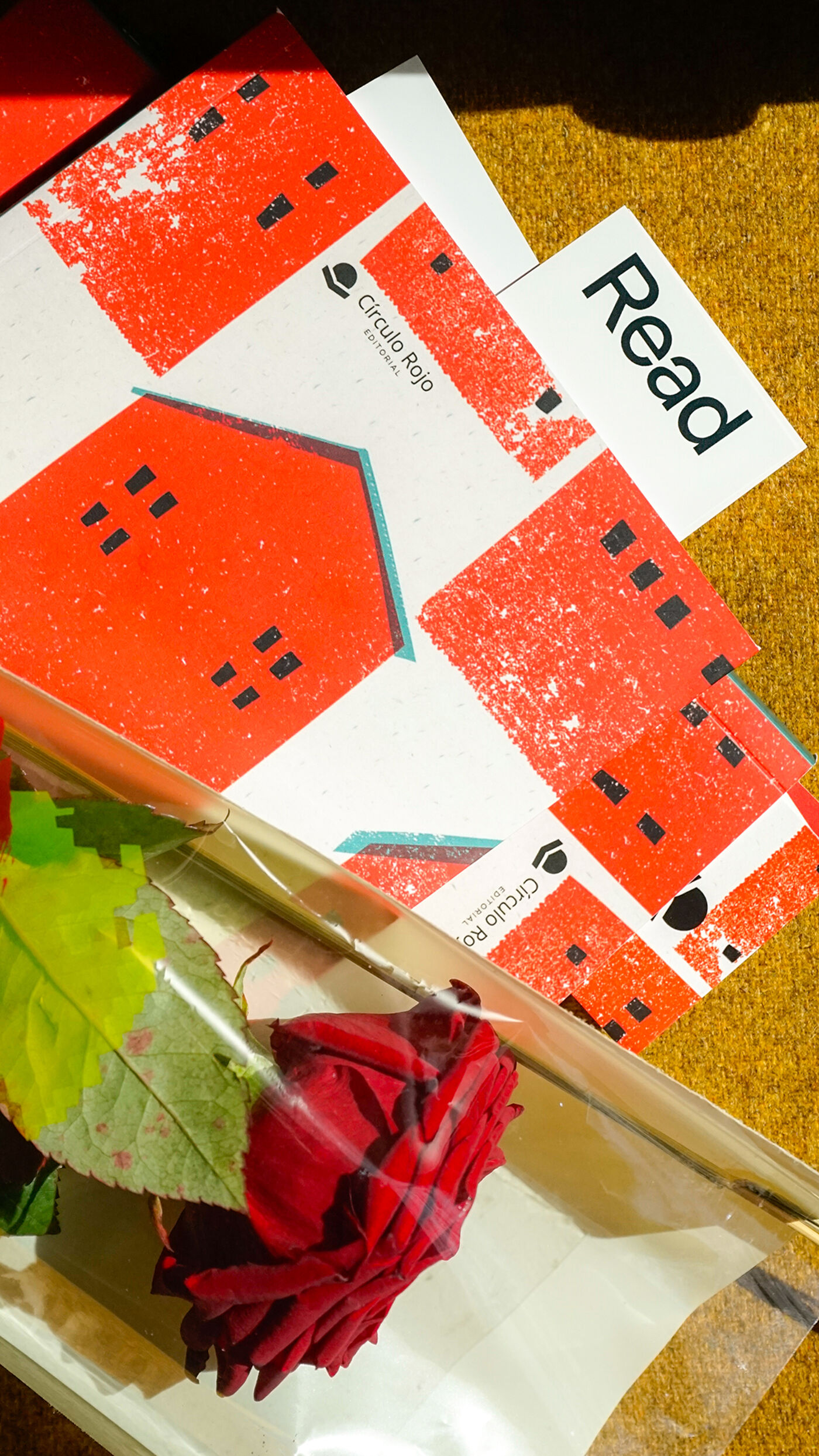 A red rose in cellophane rests atop several orange and white books with the word "Read" prominently displayed on one.