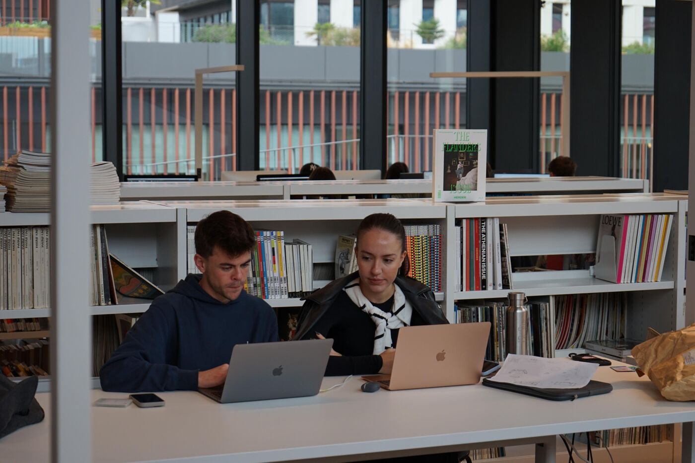 Two students work side by side at a shared table in a modern library. Both are using laptops, surrounded by books, magazines, and study materials. The library's bright interior and large windows provide a focused yet open atmosphere.