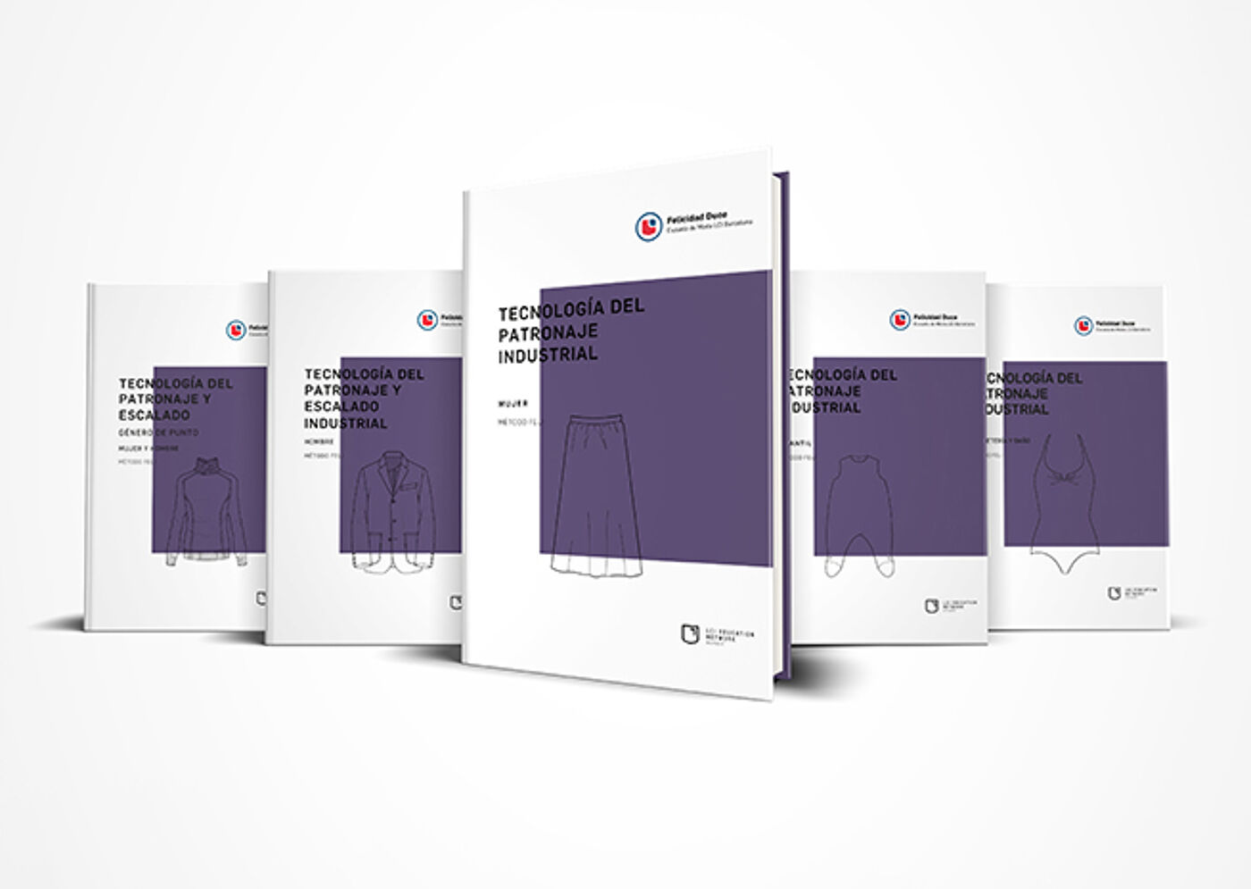 A collection of five educational books on industrial pattern making, presented in a sequential layout.