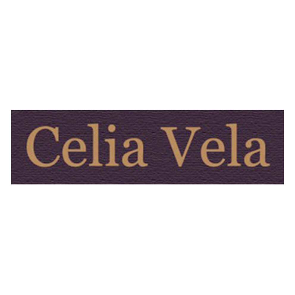 The logo features the name "Celia Vela" in gold serif font, centered on a textured dark purple background.