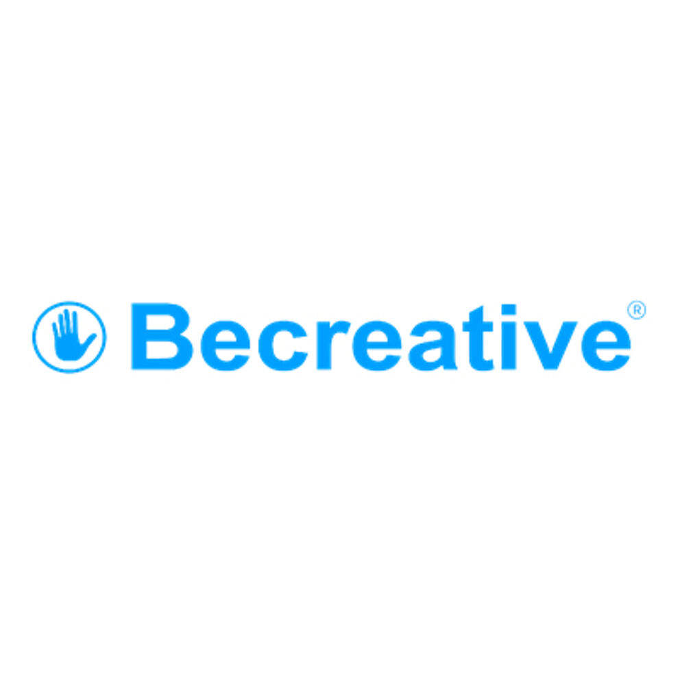 The logo shows the brand name "Becreative" in blue sans-serif font, with a graphic of a hand in a circle to the left, all against a white background.