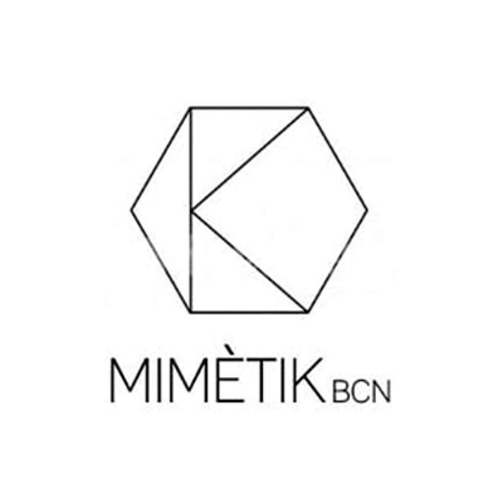 A minimalist line-drawn logo featuring a geometric figure resembling an unfolded cube, accompanied by the stylized text "MIMÈTIK BCN".