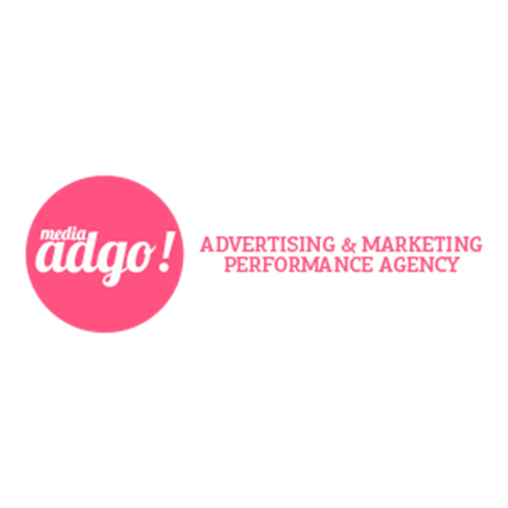A bold pink circle with 'media adgo!' text, next to a slogan for an advertising and marketing performance agency.