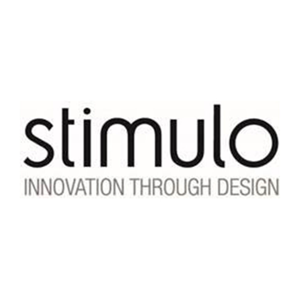 Black text logo of 'stimulo' with the tagline 'INNOVATION THROUGH DESIGN' in uppercase letters.